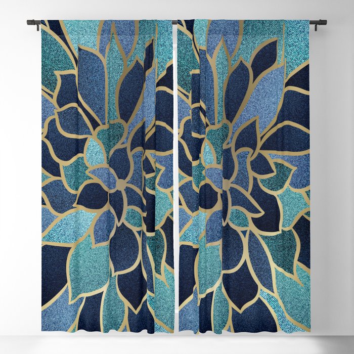 Festive, Floral Prints, Navy Blue, Teal and Gold Blackout Curtain