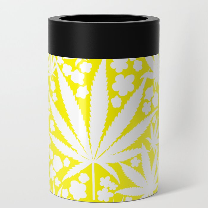 Cannabis Leaves And Spring Flowers White Silhouette On Bight Sunny Yellow Retro Modern Repeat Ditzy Can Cooler