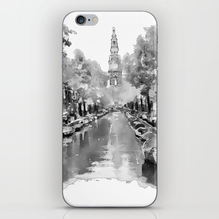 Black and White Watercolor Painting - Groenburgwal - Amsterdam Canal iPhone Skin