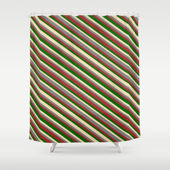 Tan, Gray, Brown & Dark Green Colored Lines/Stripes Pattern Shower Curtain