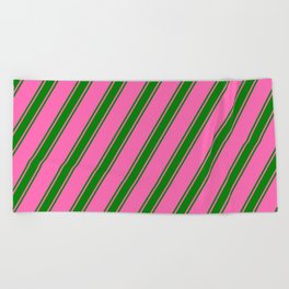 [ Thumbnail: Hot Pink and Green Colored Lined/Striped Pattern Beach Towel ]