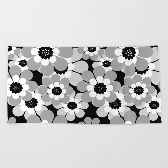 The floral pattern . black, grey , white . Beach Towel