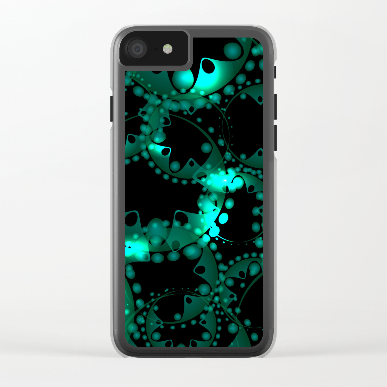 Abstract Glowing Pattern Of Soap Bubbles And Gears In Azure Design On A Black Background Clear Iphone Case