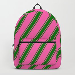 [ Thumbnail: Hot Pink and Green Colored Lined/Striped Pattern Backpack ]