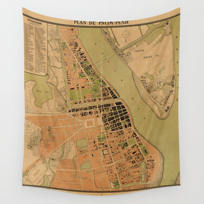 Map of Phnom Penh, Cambodia (circa 1920) Wall Tapestry by The Arts 