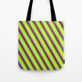 [ Thumbnail: Light Green and Purple Colored Lines/Stripes Pattern Tote Bag ]