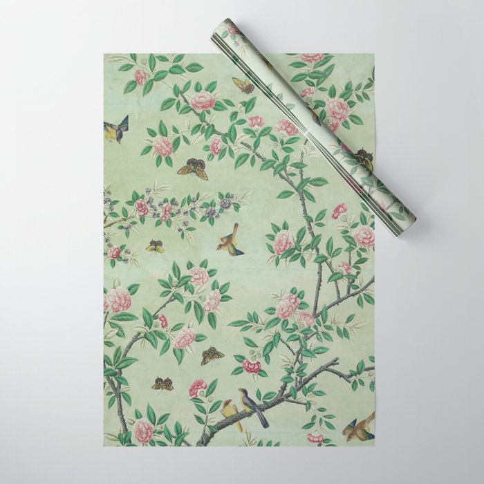 Antique Chinoiserie Peony Flower Bird Garden 1800 Wrapping Paper