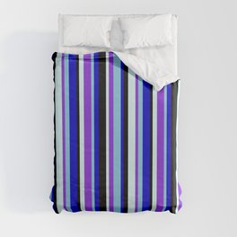 [ Thumbnail: Vibrant Light Cyan, Purple, Sky Blue, Blue & Black Colored Stripes/Lines Pattern Duvet Cover ]