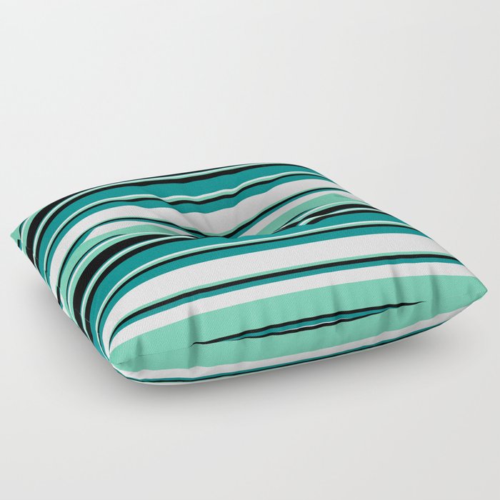 Teal, White, Aquamarine & Black Colored Lined Pattern Floor Pillow