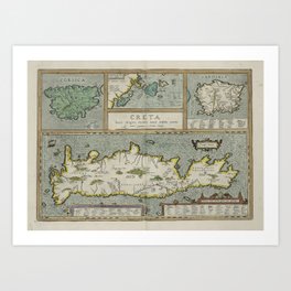 Vintage Map - Ortelius: Theatrum Orbis Terrarum (1606) - Crete, Corsica and Sardinia Art Print | Antique, Geography, Globe, Illustration, Vintage, Crete, Print, World, Island, Cartography 