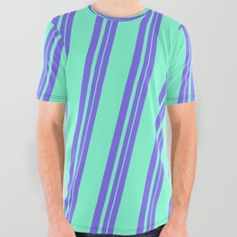 [ Thumbnail: Medium Slate Blue and Aquamarine Colored Lines Pattern All Over Graphic Tee ]