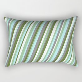 [ Thumbnail: Vibrant Dark Olive Green, Mint Cream, Dark Sea Green, Turquoise & Grey Colored Stripes Pattern Rectangular Pillow ]