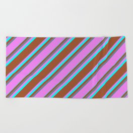 [ Thumbnail: Slate Gray, Violet, Aqua & Sienna Colored Striped/Lined Pattern Beach Towel ]