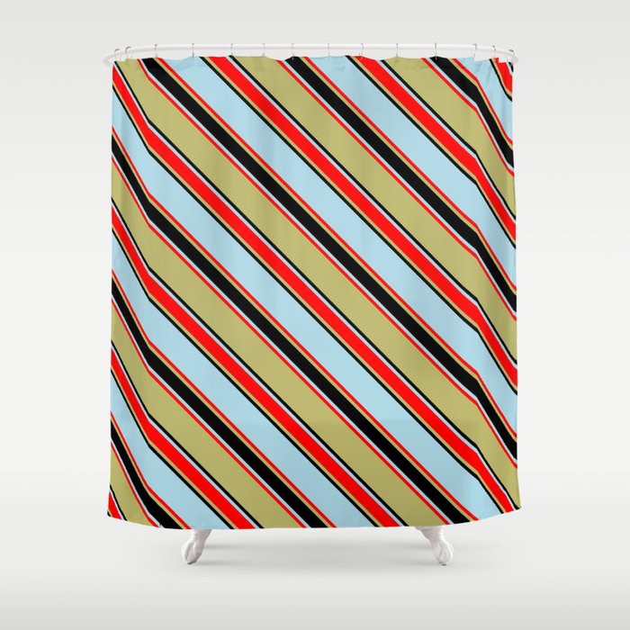 Dark Khaki, Black, Light Blue & Red Colored Pattern of Stripes Shower Curtain