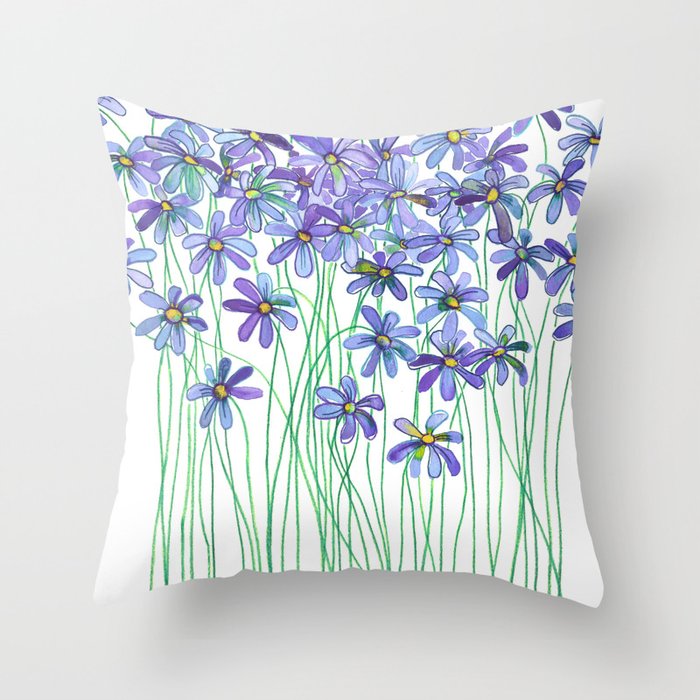Purple Daisies in Watercolor & Colored Pencil Throw Pillow