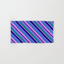 [ Thumbnail: Purple, Royal Blue, Teal, Violet & Blue Colored Stripes/Lines Pattern Hand & Bath Towel ]