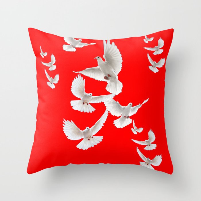 FLOCK OF WHITE PEACE DOVES ON RED COLOR Throw Pillow