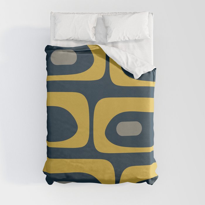 Mid Century Modern Piquet Abstract Minimalist Pattern in Light and Dark Mustard, Gray, and Navy Blue Duvet Cover