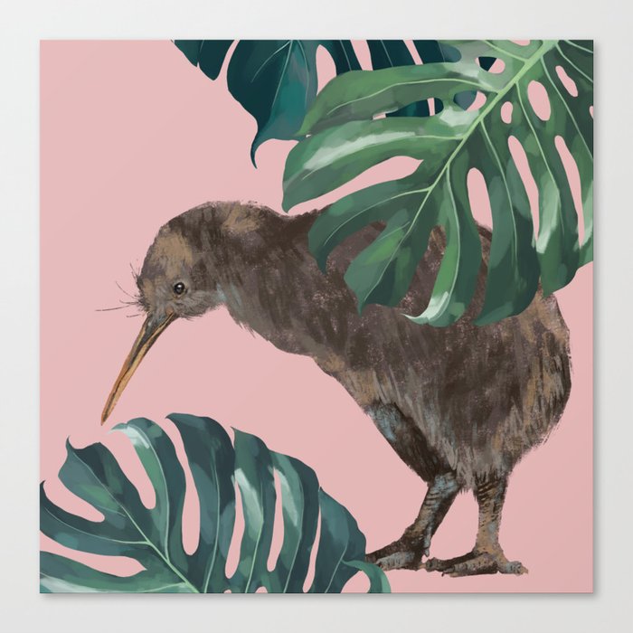 Kiwi Bird with Monstera in Pink Canvas Print