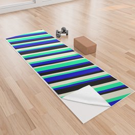 [ Thumbnail: Beige, Green, Blue, and Black Colored Striped/Lined Pattern Yoga Towel ]
