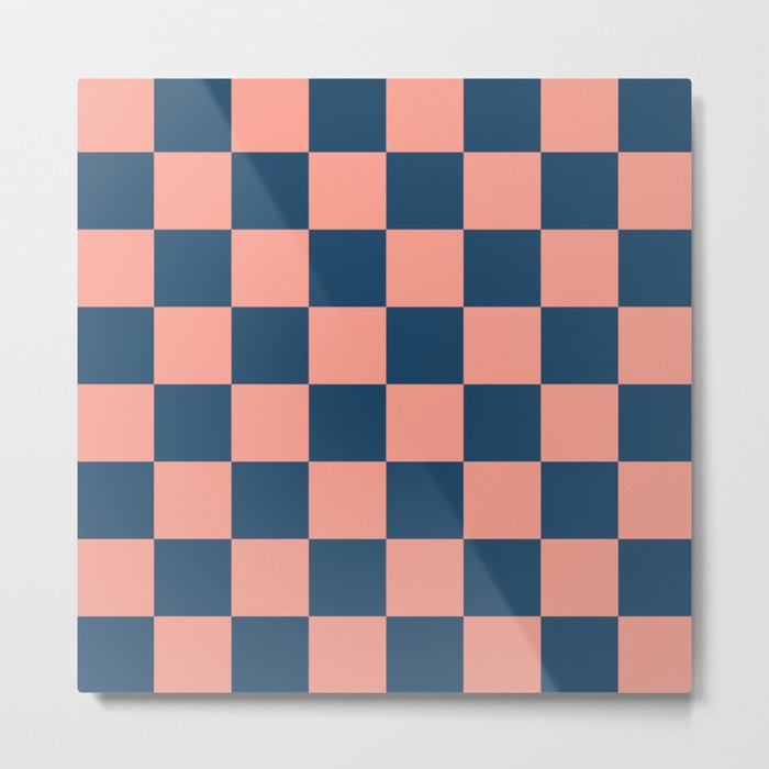 Checkerboard Checkered Checked Check Chessboard Pattern in Petrol and Peach Color Metal Print