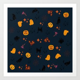 Happy Halloween Pattern Art Print | Halloween, Ghostl, Drawing, Christian, Pumpkin Spicecute, Pumpkin, Spoopy, Autumn, Applecaramel, Halloween Hat 