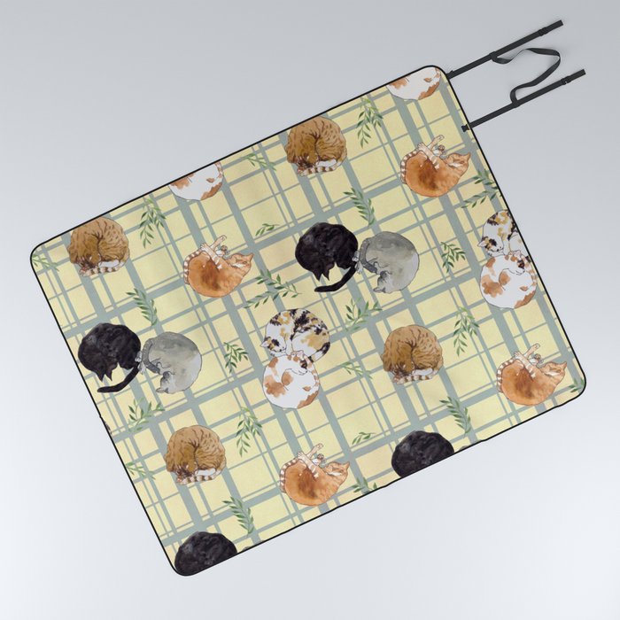Sleeping Cats Pattern/Hand-drawn in Watercolour/Yellow Check Background Picnic Blanket