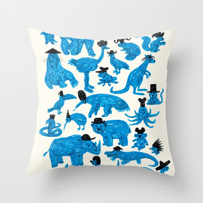 Blue Animals Black Hats Throw Pillow