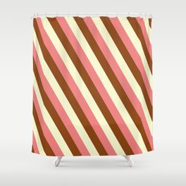 [ Thumbnail: Light Coral, Brown & Light Yellow Colored Lined/Striped Pattern Shower Curtain ]