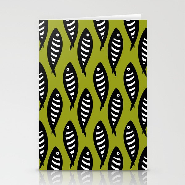 Abstract black and white fish pattern Lime green Stationery Cards