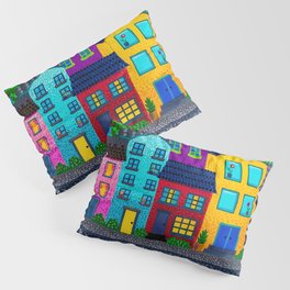 Dot Painting Colorful Village Houses, Hills, and Garden Pillow Sham