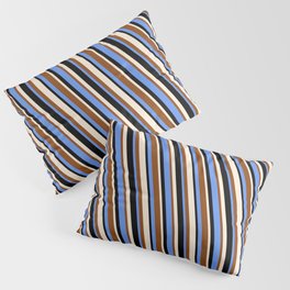 [ Thumbnail: Brown, Cornflower Blue, Black, and Beige Colored Lines/Stripes Pattern Pillow Sham ]
