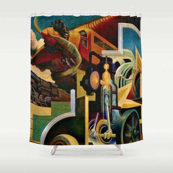 Classical Masterpiece - Instruments of Power - Train, Airplane, Steam by Thomas Hart Benton Shower Curtain