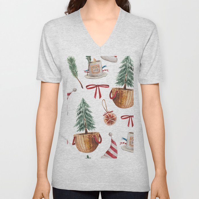 Christmas Watercolor Pattern 03 V Neck T Shirt