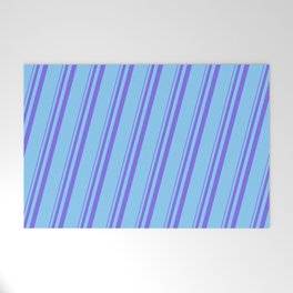 [ Thumbnail: Medium Slate Blue & Light Sky Blue Colored Stripes Pattern Welcome Mat ]
