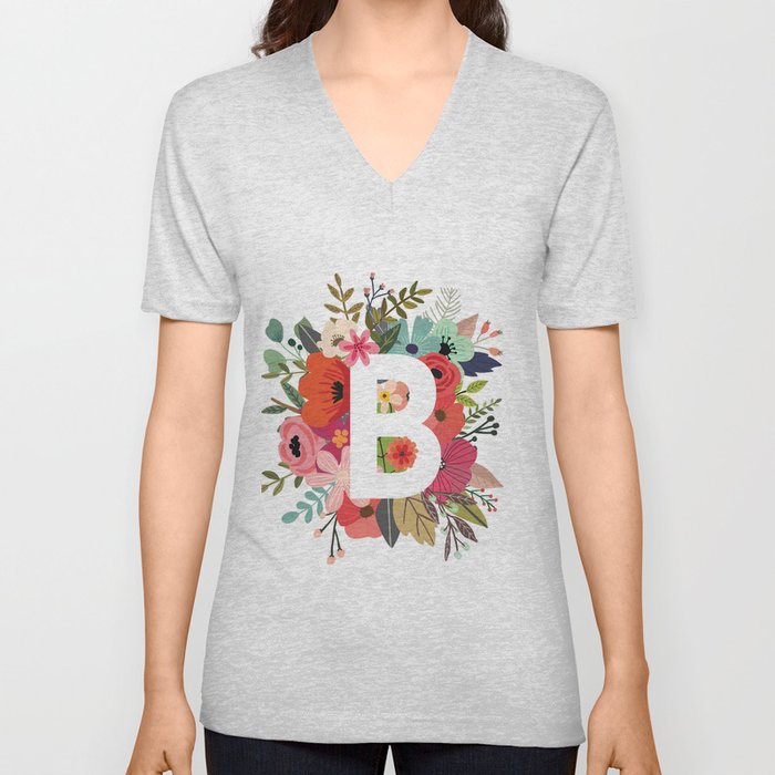 B – Monogrammed Floral Initial V Neck T Shirt