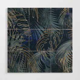 Mystic Jungle Monstera And Palm Leaves Blue And Gold Wood Wall Art