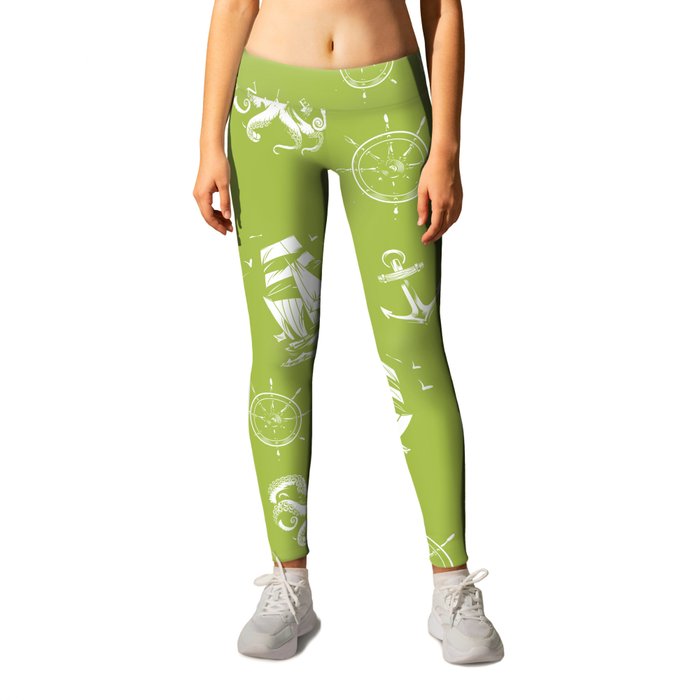 Light Green And White Silhouettes Of Vintage Nautical Pattern Leggings