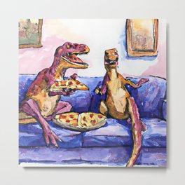 T-Rex pizza party Metal Print | Couple, Love, Dino, Pop Art, Watercolor, Dinosaur, Pizza, Acrylic, Curated, Home 