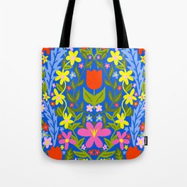 Modern Folk Art Flowers Blue Tote Bag