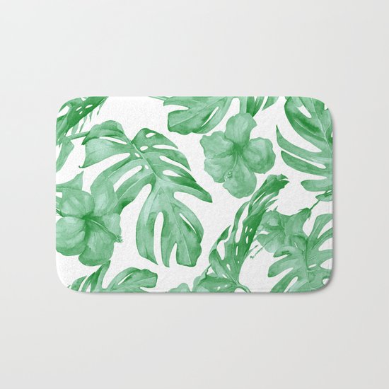 Tropical Island Leaves Green on White Bath Mat