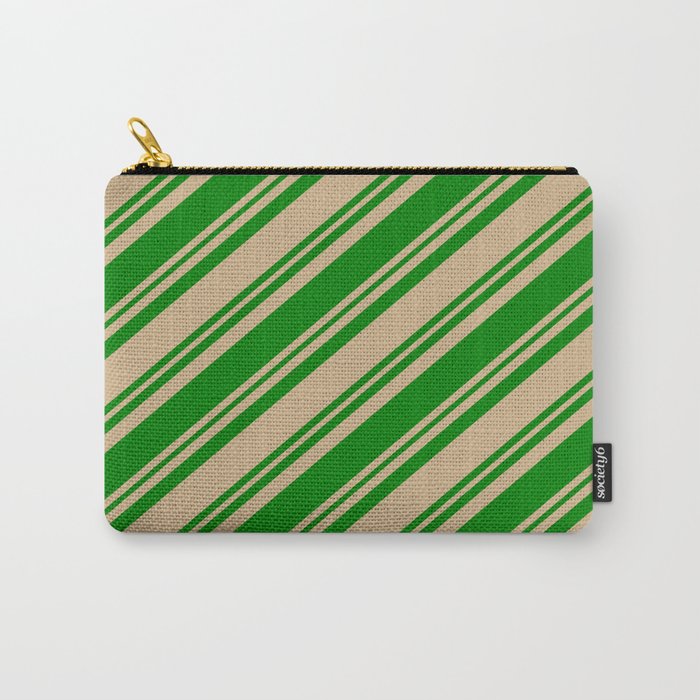 Tan and Green Colored Lined Pattern Carry-All Pouch