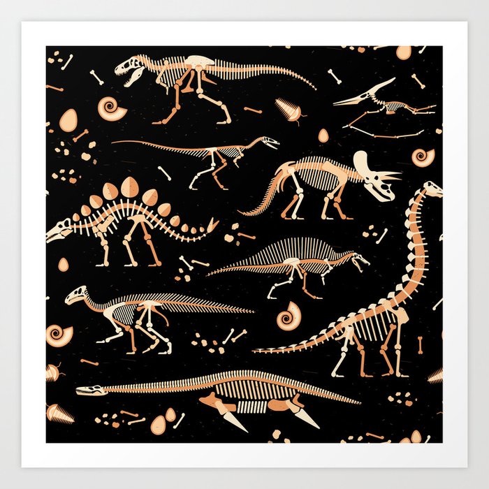 Skeletons of dinosaurs and fossils pattern Art Print by Tailored Home ...