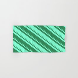 [ Thumbnail: Sea Green and Aquamarine Colored Striped/Lined Pattern Hand & Bath Towel ]