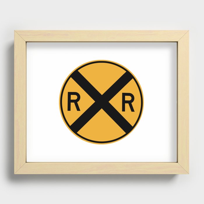 RAILROAD SIGN. Circular Yellow and Black with crossing sign. Recessed Framed Print