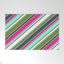[ Thumbnail: Vibrant Deep Pink, Mint Cream, Dark Slate Gray, Aquamarine, and Green Colored Lines/Stripes Pattern Welcome Mat ]