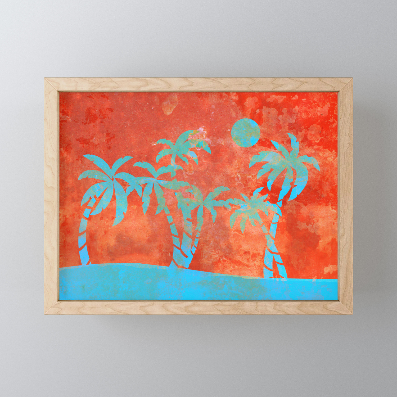 Tropical Sunset With Blue Palm Trees Framed Mini Art Print By