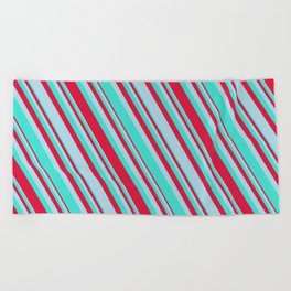[ Thumbnail: Turquoise, Crimson, and Light Blue Colored Lined Pattern Beach Towel ]