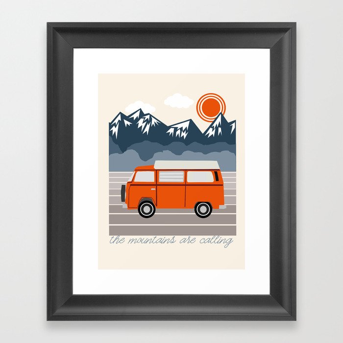 Van Life III - mountains van road tripping travel camping bus RV art Framed Art Print