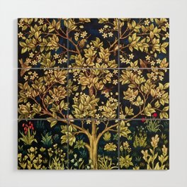 William Morris original Tree of Life reflecting water of garden lily pond twilight black nature landscape painting for drapes, curtains, pillows, duvets, prints, and wall and home decor Wood Wall Art